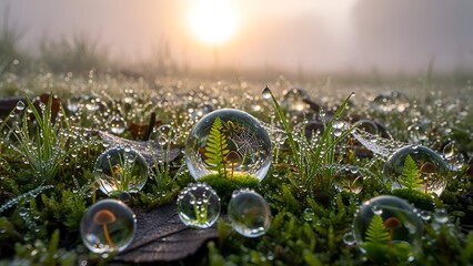 Dew drops on grass at sunrise with crystal clear reflections and a serene misty atmosphere