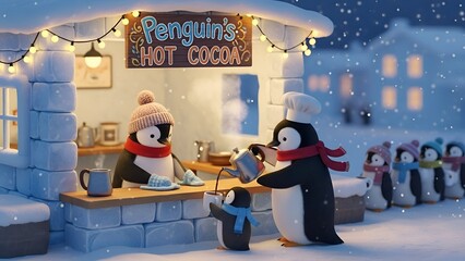 Penguins gathered at a snowy hot cocoa stand on a winter evening scene
