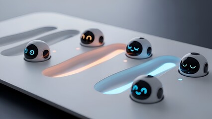 Robots arranged on a sleek, futuristic surface, highlighted by glowing pathways, from an overhead viewpoint
