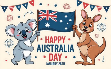 Koala and Kangaroo Celebrating Australia Day with Flag and Decorations