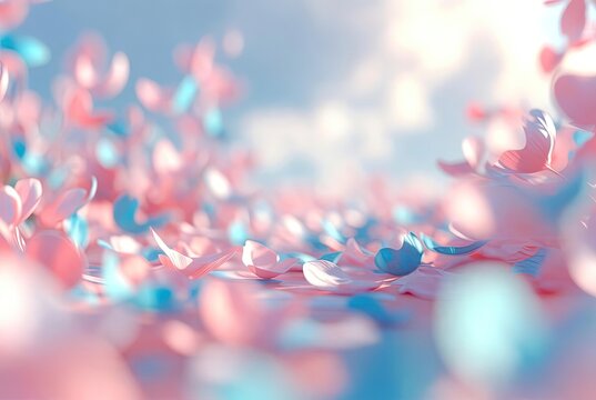 Soft pastel pink and blue flower petals falling onto a blurred surface with bright sky background