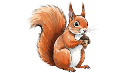 Squirrel holding an acorn in a simple drawing style with a fluffy tail and bright colors