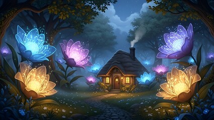 Mystical flowers illuminate a cozy cottage in a dark forest at dusk from a distant viewpoint