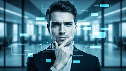 Thoughtful businessman is analyzing complex data structures and abstract information flows in a modern office environment.
