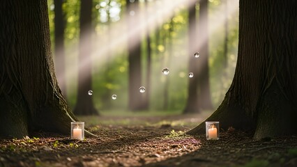 Sunlight filters through forest trees, casting dappled shadows on forest floor, with lanterns and bubbles in serene woodland scene