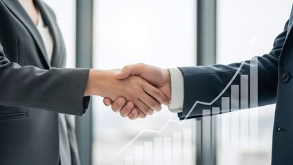 Two business professionals shake hands in a modern office, overlaid with a digital growth chart.