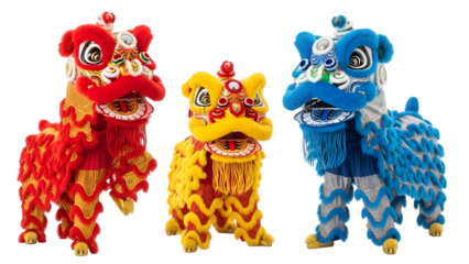 Three colorful lion dance figurines on transparent background with vibrant decorations and details