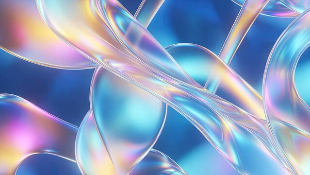 Vibrant abstract iridescent fluid forms swirling dynamically against a deep blue background