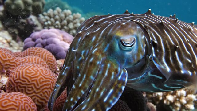 Cuttlefish Swimming Near Coral Reef Underwater.
