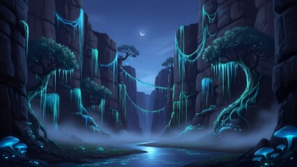 Mystical night scene of bioluminescent plants and glowing formations in a serene canyon environment viewed from a central vantage point