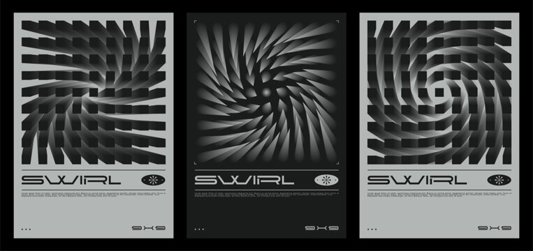 Abstract array poster techno swirl illusions and 3D geometric spikes. Grayscale optical gradient design. Vector collection