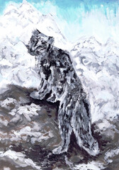 A snow leopard stands on rocks in the mountains. Children's drawing