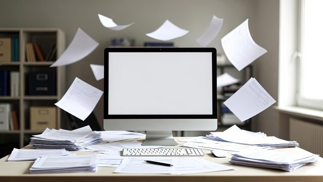 Modern computer monitor on a desk surrounded by a chaotic whirlwind of flying and stacked