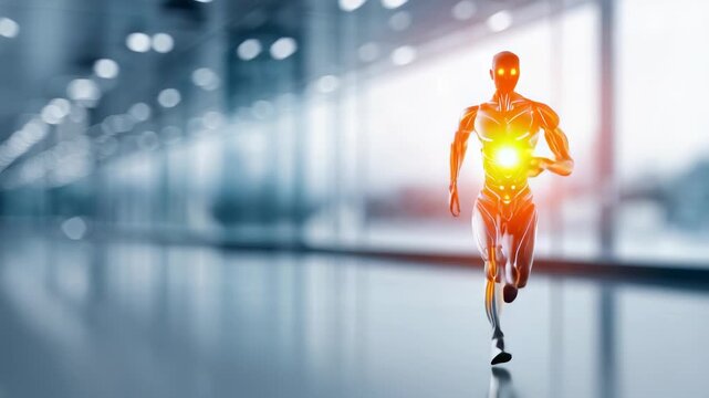 A sleek, metallic humanoid robot with glowing orange eyes sprints through a high tech hallway, symbolizing progress in AI and robotics. The blurred background emphasizes speed and innovation