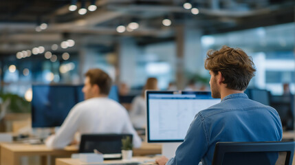 Bright coworking space interior with people at shared desks, modern office design, freelancers and entrepreneurs, startup team collaboration, creative professionals, flexible workspace culture and