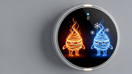 A modern thermostat displays contrasting temperature symbols on a sleek, circular interface with fire and ice elements.