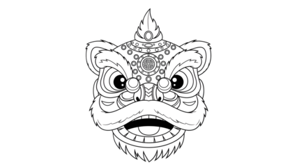 A black and white illustration of a lion dance head with intricate designs and patterns on its face and forehead in a traditional style isolated on transparent background