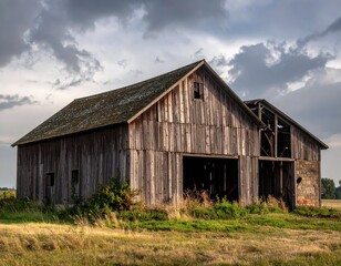 Obraz premium Rustic Barn in a Countryside Landscape Under Dramatic Cloudy Sky
