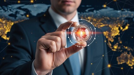 Businessman delicately holds a glowing abstract digital globe representing global connectivity and advanced technological innovation and strategy.