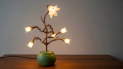 A creative lamp resembling a tree with glowing flowers on a wooden table