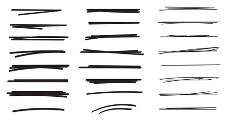 Black hand drawn brush stroke underline set with rough ink texture. Abstract calligraphic lines for text emphasis, highlighting, dividers, and modern graphic design projects. 