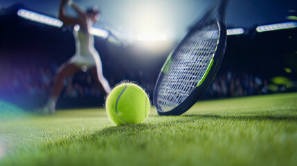 Photorealistic sports still life of a tennis ball and racket on green grass court, highlighting focus, accuracy, discipline, and dramatic professional tennis moments.