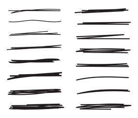 Black highlight marker lines isolated on white background. Various marker pen strokes with different length and thickness hand drawn set. Realistic vector graphic modern design elements