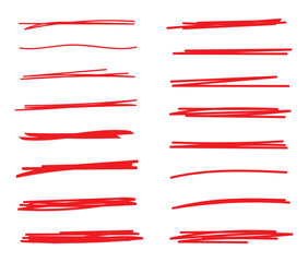 red  highlight marker lines isolated on white background. Various marker pen strokes with different length and thickness hand drawn set. Realistic vector graphic modern design elements