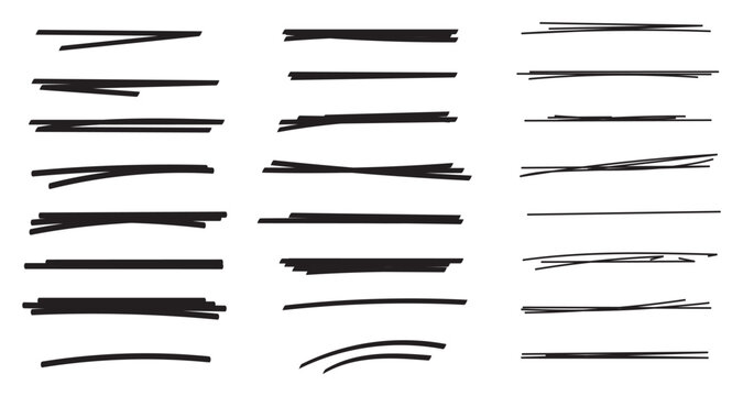 Black hand drawn brush stroke underline set with rough ink texture. Abstract calligraphic lines for text emphasis, highlighting, dividers, and modern graphic design projects. 