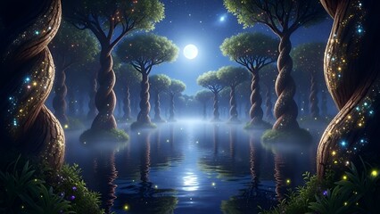 A serene moonlit forest scene with twisted trees and a calm lake reflecting the night sky