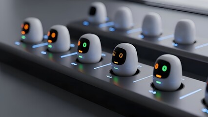 Close-up view of modern audio mixing console with multiple faders and illuminated controls on a sleek surface