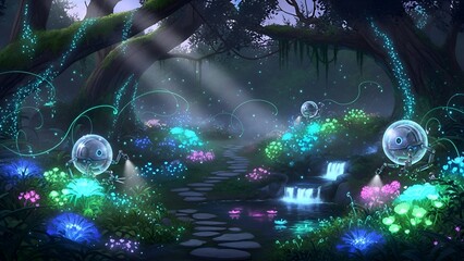 Mystical forest scene with glowing flowers and bubbles on a winding path, depicted in a fantastical illustration from a first-person viewpoint.