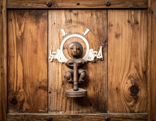 Obraz premium Intricate Wooden Carving of a Figure Holding a Door Knocker
