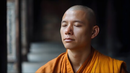 A Buddhist monk meditates with closed eyes embodying peace and spiritual focus in a serene temple setting