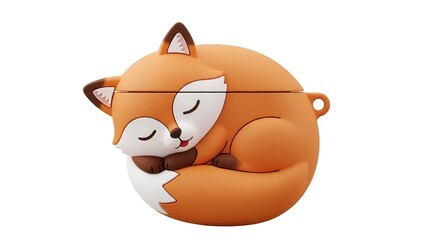 A sleeping cartoon red fox curled up in a cozy ball is depicted in a 3D illustration