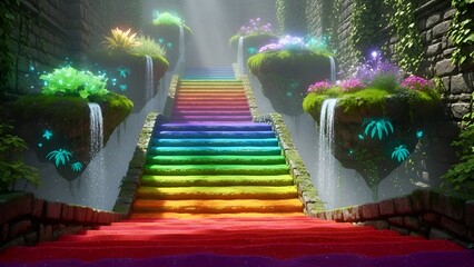 Vibrant rainbow staircase with waterfalls and lush greenery leading up to a mystical destination viewed from the bottom