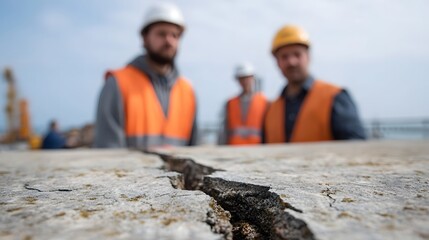 Engineers in hard hats and safety vests inspect a large crack in a concrete structure outdoors on a construction site