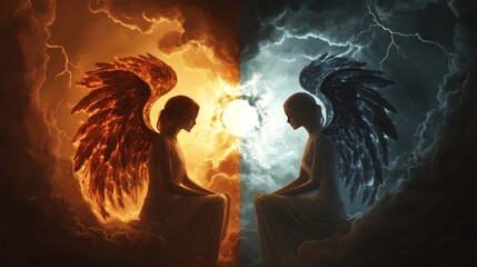 Two angels sitting on clouds, one is red and the other is blue. Scene is one of conflict and tension
