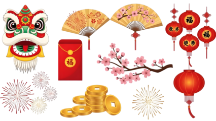 Collection of chinese new year decorations and lion dance elements on white isolated on transparent background