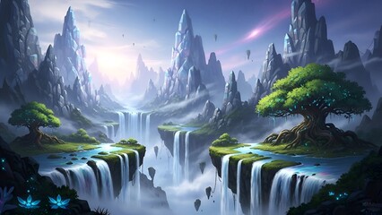 Misty waterfalls cascade into serene pools surrounded by lush trees and majestic rocky cliffs in a fantastical landscape viewed from a distance