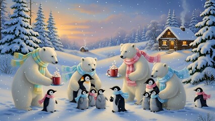 Polar bears and penguins gather in a snowy winter landscape scene at dusk with a cozy cabin in the distance