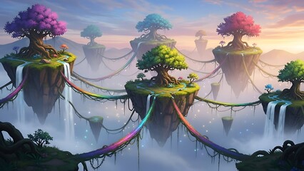 Mystical islands with rainbow bridges and waterfalls in a serene fantasy landscape viewed from above