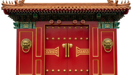 Traditional chinese red door with golden decorations isolated on transparent background