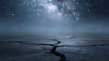 A cracked concrete surface under a mystical starry night sky with a hazy atmosphere