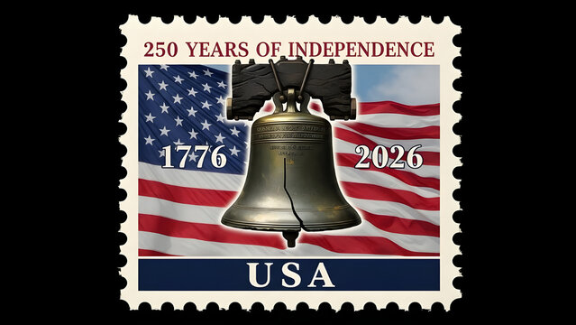 Commemorative postage stamp design celebrating 250 years of american independence 17762026 featuring the liberty bell and us flags