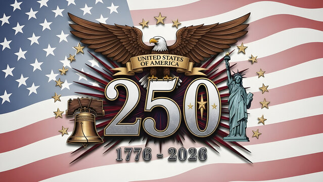 250th anniversary of the united states of america bicentennial celebration 17762026 with eagle, liberty bell, and statue of liberty on american flag background