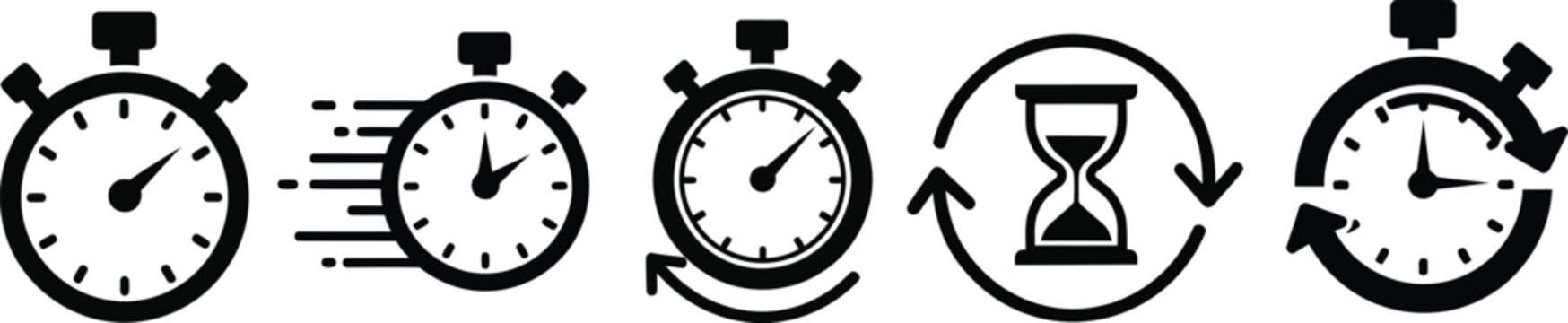 Five stopwatch icons with hourglass on isolated on transparent background