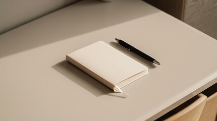 Modern workspace essentials with notebook and pen on desk
