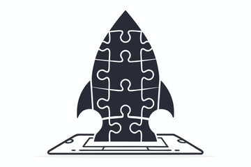 Jigsaw puzzle rocketship launches from a mobile device in a simple monochrome format