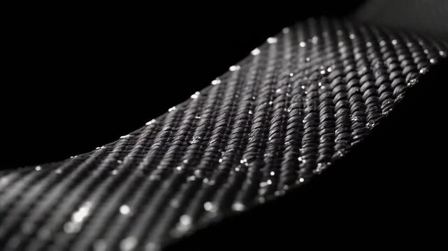 Close Up Of Woven Black Ribbon with Droplets on a Black Background